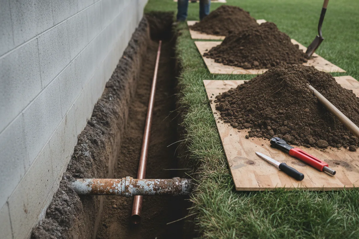 Excavated water line trench during Water Heater Repair in Oneonta